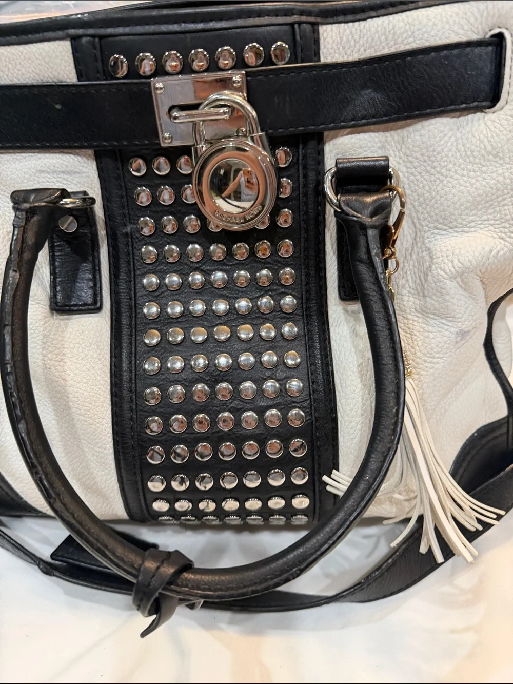 Michael Kors White and Black Studded Tote with Tassel